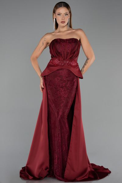 Abiyefon Bordo Straplez Peplum Kesim Kuyruklu Uzun Dantel Abiye ABU5615