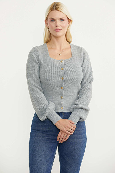 Sementa Button Detailed Square Collar Knitwear Cardigan - Gray