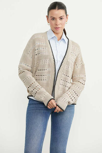 Sementa Perforated Motif Cotton Knitwear Cardigan - Beige