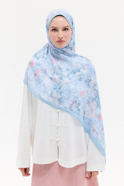 cs camellia scarf شال كراش بنمط الزهور العتيق - أزرق وردي