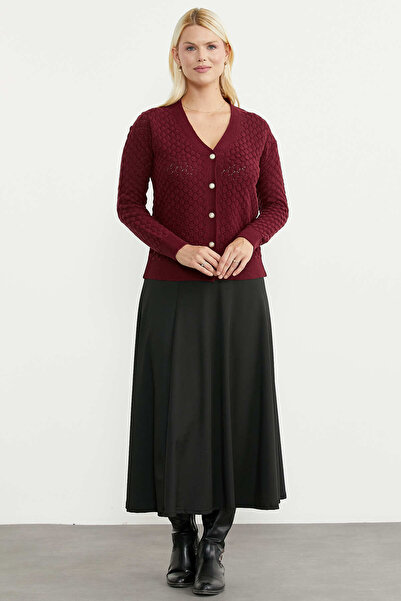 Sementa Honeycomb Knit Patterned V-Neck Wool Knitwear Cardigan - Claret Red