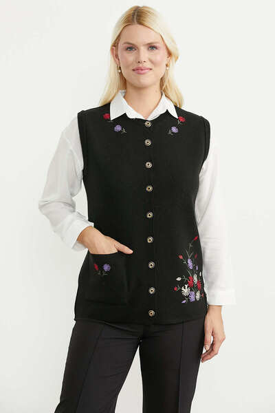 Sementa Wool Thick Embroidered Knitwear Vest - Black