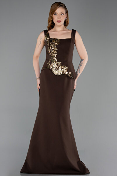 Abiyefon Kahve Kolsuz Kare Yaka Peplum Uzun Balık Abiye ABU5768
