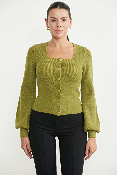 Sementa Button Detailed Square Collar Knitwear Cardigan - Green