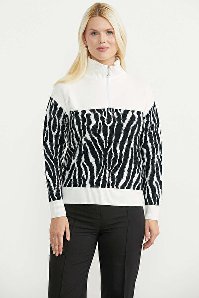 Sementa Zebra Patterned Half-Zip Knit Sweater - Bone