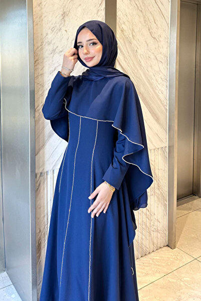Ovn. Bellara Stone Detailed Cape Evening Dress - Navy Blue