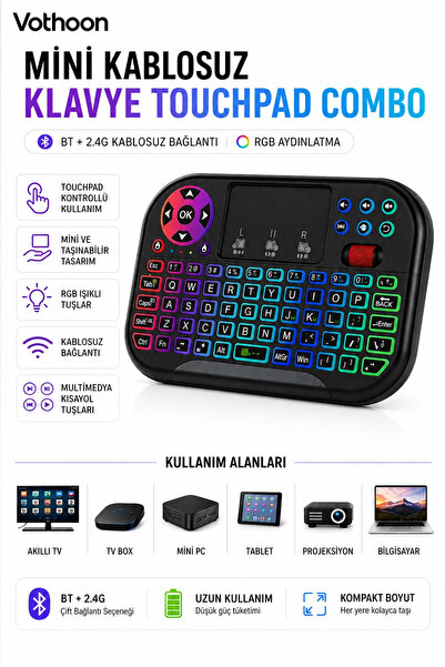 Vothoon RGB Işıklı Mini Kablosuz Klavye Touchpad Combo, Bluetooth ve 2.4G Sma...