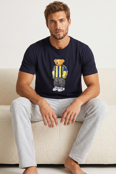 Siyah İnci Navy Blue Printed Cotton Knitted Short Sleeve Pajama Set 8075