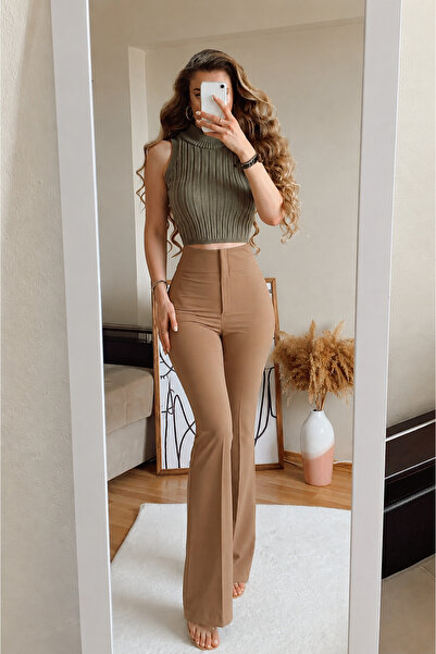 My Blog Camel Spanish Flared High Waist Trousers