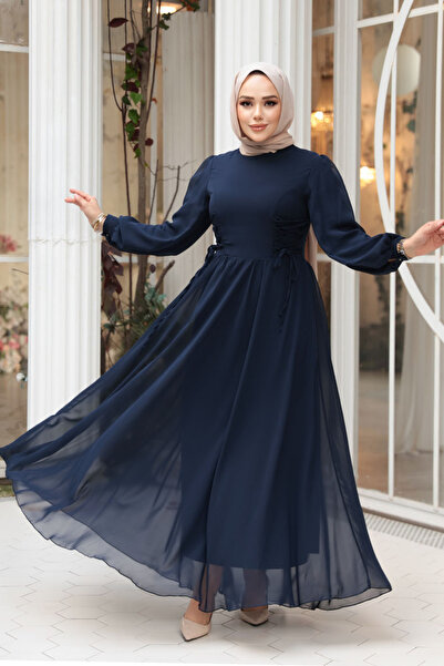 N.S NEVA STYLE - فستان سهرة باللون الأزرق الداكن بأكمام بالون 62381L
