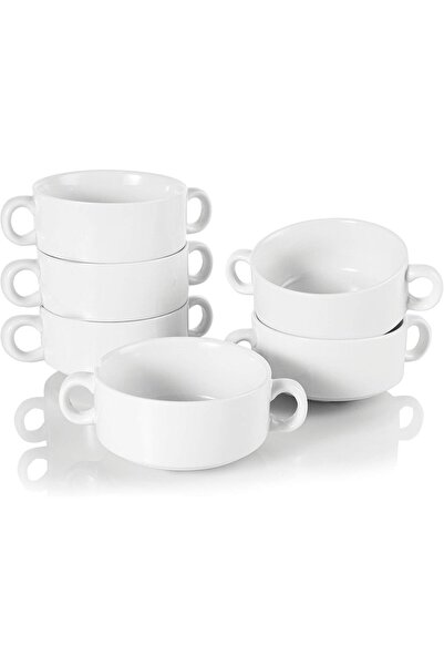 Foraineam Porcelain Bowls with Double Handles 10 Ounce White French Onion Soup Crocks Round Stackable Bowls for Soup, Cereal, Oatmeal, Set of 6