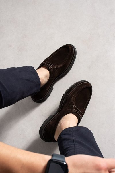 YAREL AYAKKABI Men's Suede Inside and Outside Genuine Leather Thick Eva Non-Slip Sole Laced Brown Classic Shoes