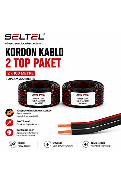 SELTEL Kordon Kablo 2x0,75 mm² Siyah 2 Top – 200 Metre – Esnek ve Dayanıklı K...
