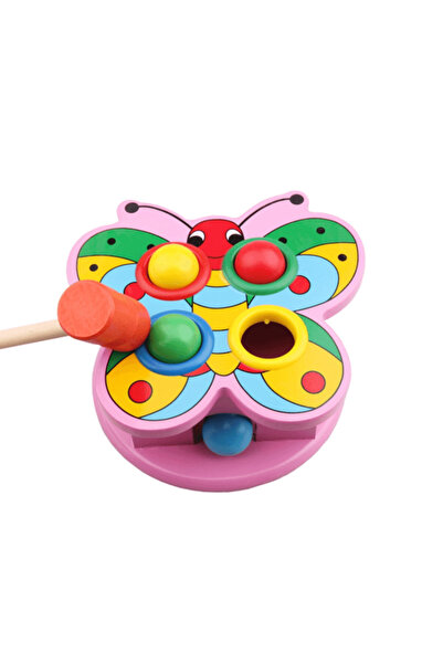 Wooden Toys Jucărie educativă din lemn cu ciocan și bile – Fluture Roz, 3 ani+