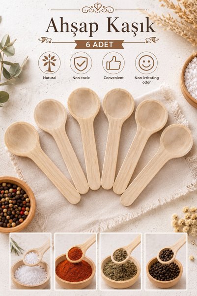 Mode Cool 6’lı Ahşap Mini Baharat Kaşığı Seti 7,5 cm – Doğal Ahşap Baharat Ölçü ve Servis Kaşığı