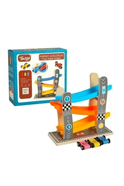 Wooden Toys Pistă auto cu 3 căi și 3 mașini – Joc Montessori, 3 ani+