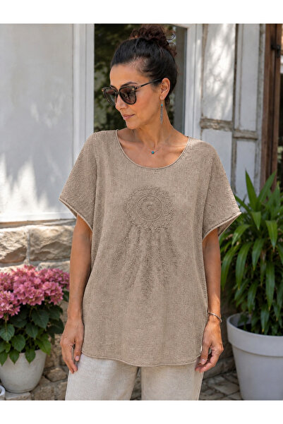 MENSAR OTANTİK Linen Embroidered Blouse Standard 38/46 Size Matching Loose Fi...
