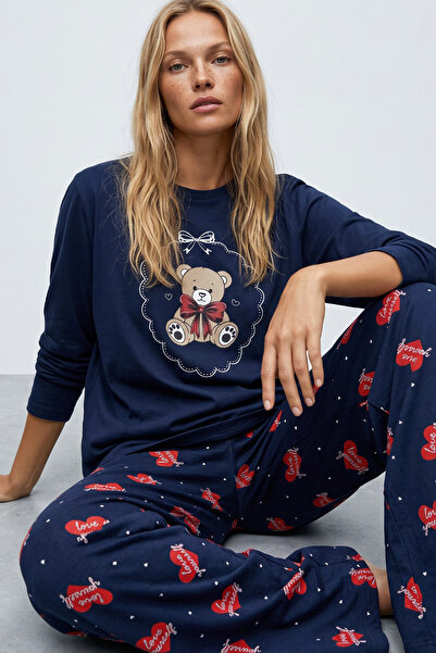 Siyah İnci Lacivert Ayıcık Baskılı Pamuklu Pijama Takımı