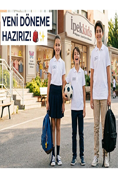 Beyaz Kısa Kollu Pamuklu Polo Yaka Lakos Okula Günlük Kullanıma Uygun Tam Kalıp