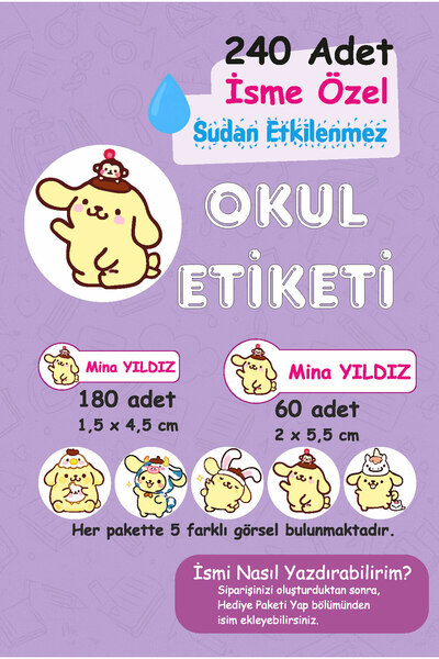 Pompompurin Kişiye Özel Sudan Etkilenmeyen Okul Etiketi 240 Adet
