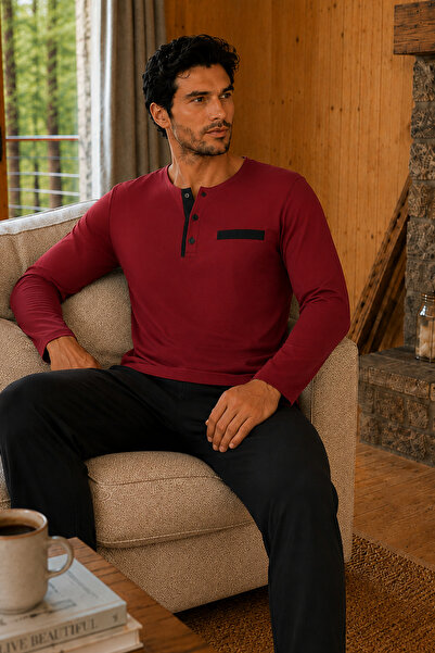 ELİTOL Combed Cotton Knitted Cotton Men's Long Sleeve Buttoned Fileto Embroid...