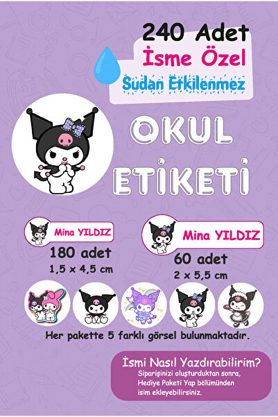 Mina Design Studio Kuromi Kişiye Özel Sudan Etkilenmeyen Okul Etiketi 240 Adet