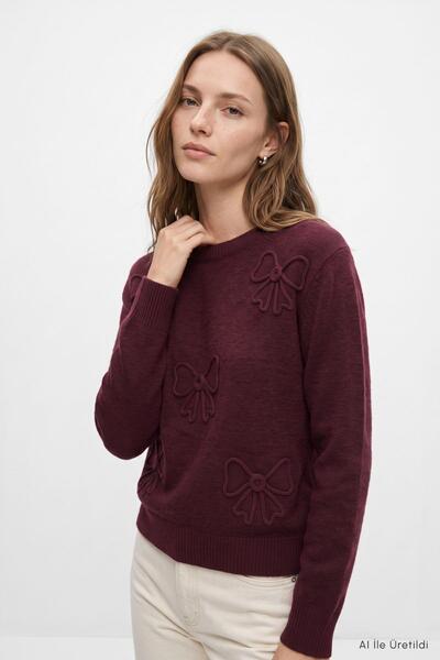 Rays Pulover cu broderie cu panglici 70056-1 Roșu Claret