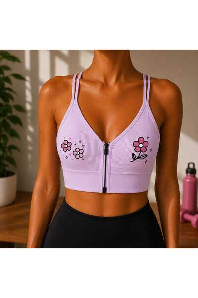 Novera Ribbed Floral Patterned Zippered Sports Bra Bustier with Removable Pads