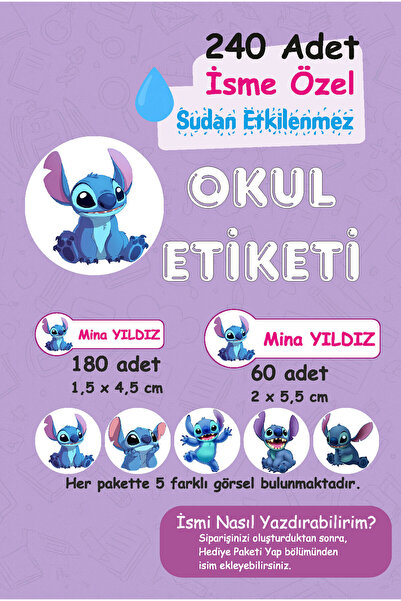Mina Design Studio Stitch Kişiye Özel Sudan Etkilenmeyen Okul Etiketi 240 Adet