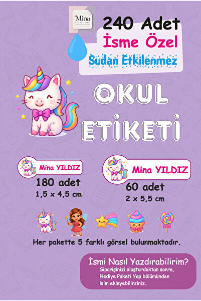 Mina Design Studio Baby Unicorn Kişiye Özel Sudan Etkilenmeyen Okul Etiketi 2...