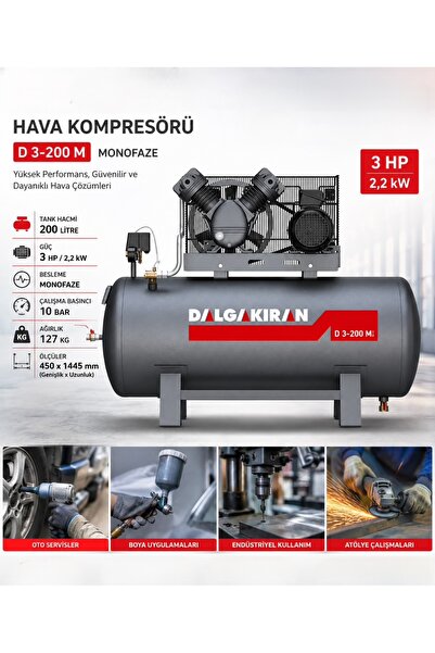dalgakıran D 3-200M 200 Litre Kompresör 8 Bar 2 Kafa 2,2 Kw 3 Hp Hava Kompres...