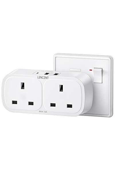 LENCENT محول كهربائي مزدوج مع 3 منافذ USB (1 منفذ USB-C)، وصلة تمديد ثنائية ا...