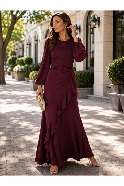 Kokosh moda Timeless Elegance - Women's Crew Neck Ruffle Detailed Long Crepe Dress