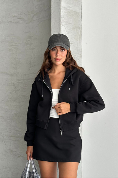 macharel jeans Metal Fermuarlı Kapüşonlu Crop Sweatshirt Gizli Cep Hırka