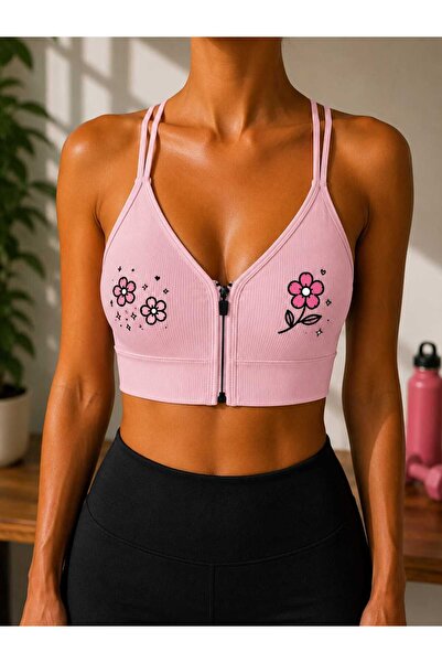 Novera Ribbed Floral Patterned Zippered Sports Bra Bustier with Removable Pads