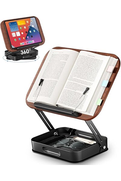 Yelajoy 360° Rotating Ergonomic Book Stand，Adjustable Wood Book Holder，for Ne...