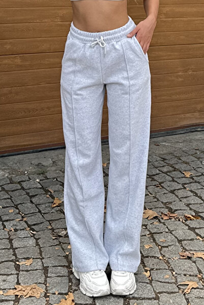 la & vetta Gray Ribbed Detailed Wide Leg Sweatpants