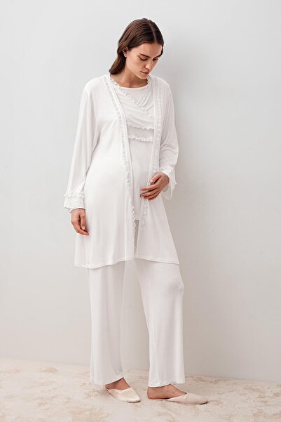 Artış Long Sleeve Lace Lycra Viscose Maternity Dressing Gown Pajama Set