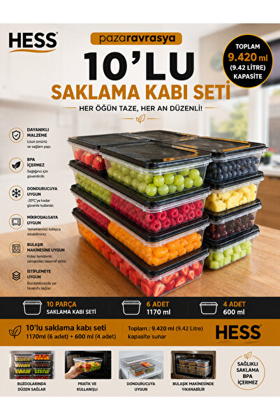 Hess Mikrodalga ve Difriz Uyumlu 10 Adet Saklama Kabı Seti 1170x6+600MLX4