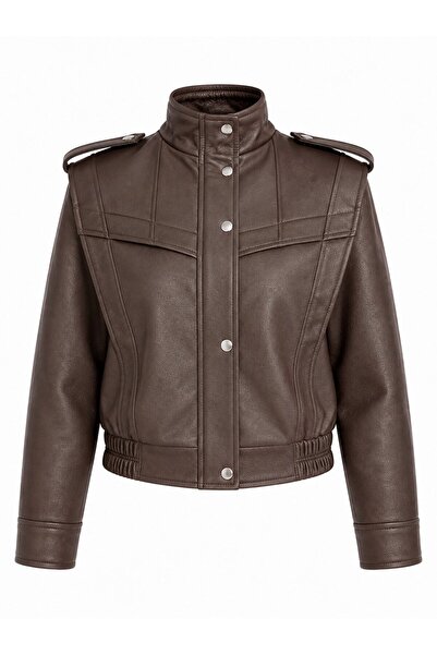 Laluvia Bitter Brown Textured Leather Jacket with Epaulettes - 5168