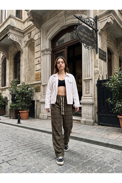 harmony factory Kadın Wide Leg Ekose Desenli Yüksek Bel Bağcıklı Bol Paça Pantolon