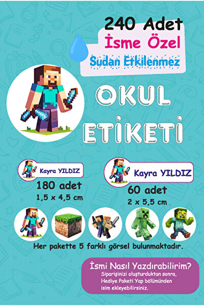Mina Design Studio Minecraft Kişiye Özel Sudan Etkilenmeyen Okul Etiketi 240 ...