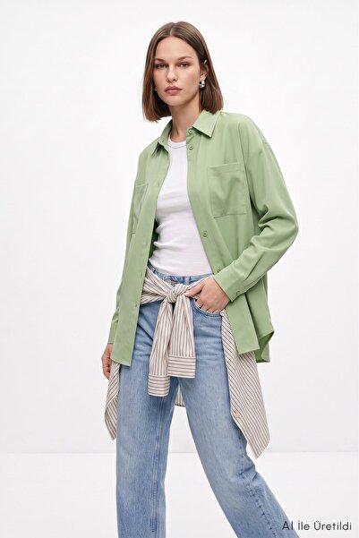 Rays Cămașă de bază lungă, supradimensionată, verde, cu buzunare duble TCR 6256A