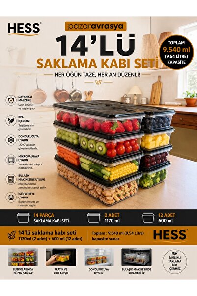 Hess Mikrodalga ve Difriz Uyumlu 14 Adet Saklama Kabı Seti 1170mlx2+600mlX12
