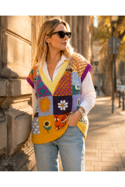 Flux Design Factory El Örgüsü Patchwork Renkli Süveter