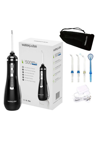 waterpulse Irigatoare orală fără fir V500, Negru, 200 ml, 4 capete, Husă de c...