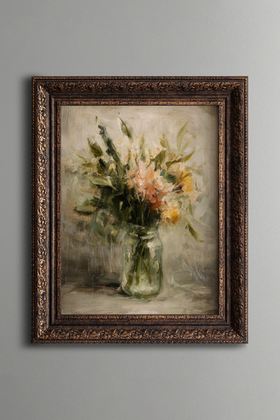 epiqart Flower Bouquet in Glass Vase - Vintage Patterned Tabletop - Thick Model