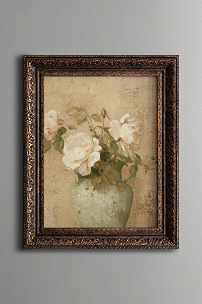 epiqart White Roses in Mint Green Vase - Vintage Patterned Painting - Thick M...
