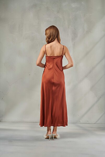 DAWN LİNE Women's Windowpane Satin Nightgown Long Dress Iris & Backless V-Neck Thin Straps Dowry Dress, Honeymoon Nightgown Slip Dress