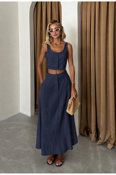 My Blog Navy Blue Cotton Button Detailed Crop Vest Skirt Set - 8361